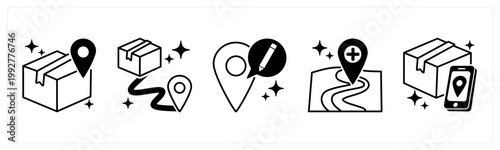 A set of 5 mix icons as delivery location, delivery status, edit address