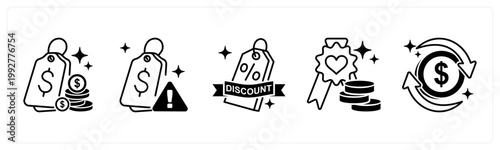 A set of 5 mix icons as lowest price, price alert