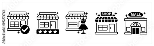 A set of 5 mix icons as store approval, store review, boutique