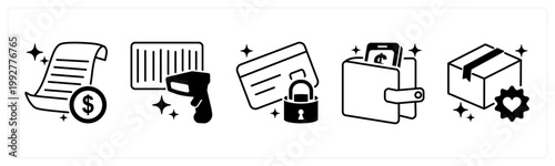 A set of 5 mix icons as invoice, barcode scan, secure payment,