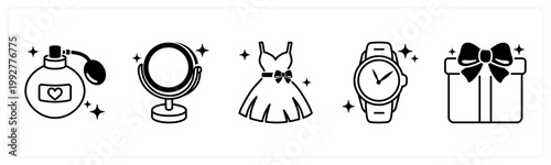 A set of 5 mix icons as perfume, mirror, dress
