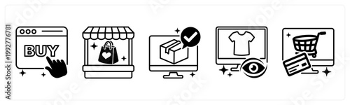 A set of 5 mix icons as purchase, vendor store, order confirmation