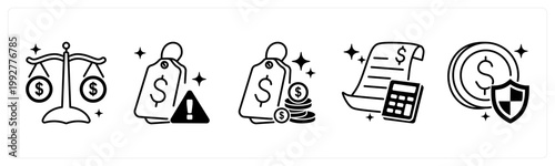 A set of 5 mix icons as price comparison, price alert, lowest price