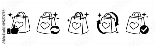 A set of 5 mix icons as like product, reorder, shopping bag