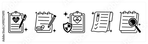A set of 5 mix icons as medical report, prescription, health insurance