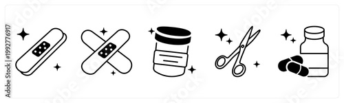 A set of 5 mix icons as bandage, sample container, surgical scissors