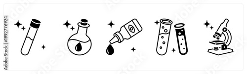 A set of 5 mix icons as blood sample, chemical bottle, eye drops