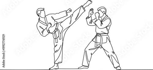 Martial arts sparring scene with two fighters performing high kick and defensive stance line art illustration
