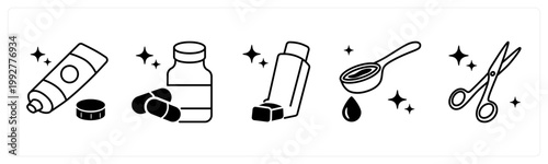 A set of 5 mix icons as ointment tube, antibiotics, inhaler