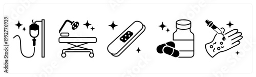 A set of 5 mix icons as iv drip, operation theatre, bandage