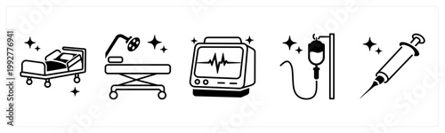 A set of 5 mix icons as hospital bed, operation theatre, patient monitor