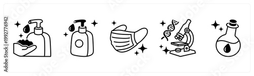 A set of 5 mix icons as sanitizer bottle, surgical mask, gene testing