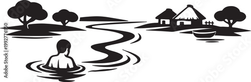 A silhouetted scene depicting a person swimming and traditional african huts