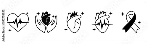 A set of 5 mix icons as pulse heartbeart, heart care