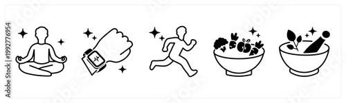 A set of 5 mix icons as meditation, fitness tracker, running