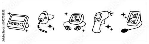 A set of 5 mix icons as lab timer, oxygen mask, defibrillator