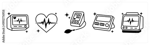 A set of 5 mix icons as ecg monitor, pulse heartbeat, blood pressure monitor