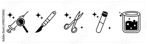 A set of 5 mix icons as vaccine research, scalpel, surgical scissors