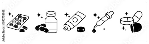 A set of 5 mix icons as blister pack, antibiotics, ointment tube,