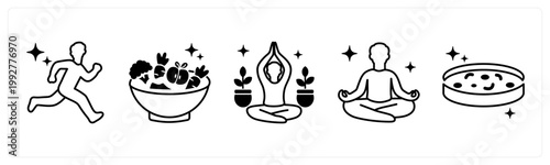 A set of 5 mix icons as running, healthy diet, yoga