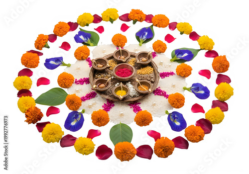 Diwali Rangoli with Oil Lamps and Marigold Flowers, Traditional Indian Festive Decoration, Isolated on White
