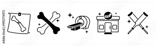 A set of 5 mix icons as xray, bones, ct scan