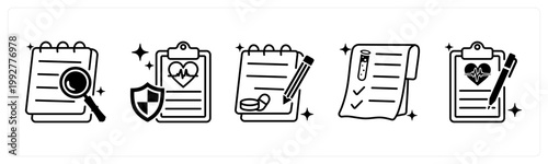 A set of 5 mix icons as research paper, health insurance, prescription