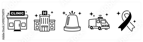 A set of 5 mix icons as clinic, hospital building, emergency siren