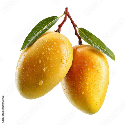 Two fresh mangos with leaves and water droplets isolated on transparent background