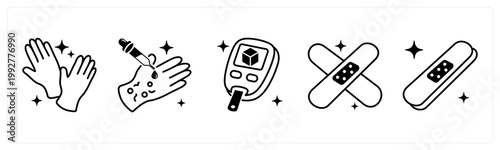 A set of 5 mix icons as lab gloves, allergy test, diabetes test