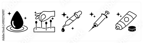 A set of 5 mix icons as blood drop, acupunture, medicine dropper