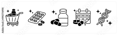 A set of 5 mix icons as medical cart, blister pack, antibiotics