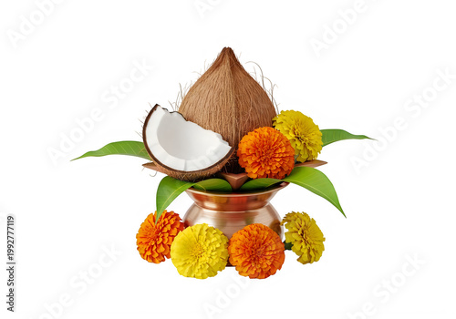Indian Puja Ceremony Offering: Coconut, Marigolds, and Kalash Pot with Green Leaves