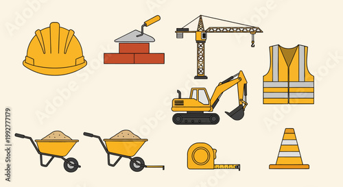 Construction Equipment Icon Set, Building and Heavy Machinery Symbols
