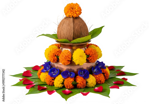 Traditional Kalash decorated with flowers and coconut for Hindu religious ceremonies and festivals
