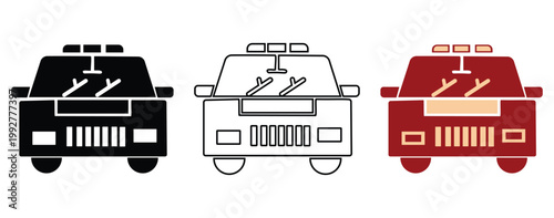 Police car icons set in front view with black silhouette, outline, and flat color styles for law enforcement and emergency vehicle design.
