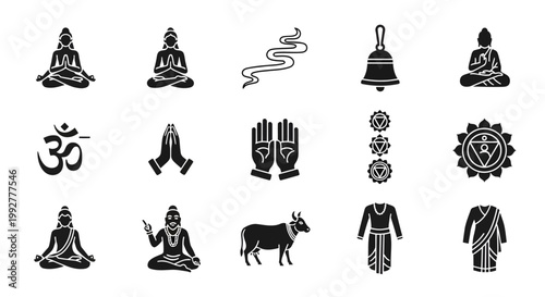 Indian Religious Icon Set, Spiritual and Traditional Culture Symbols