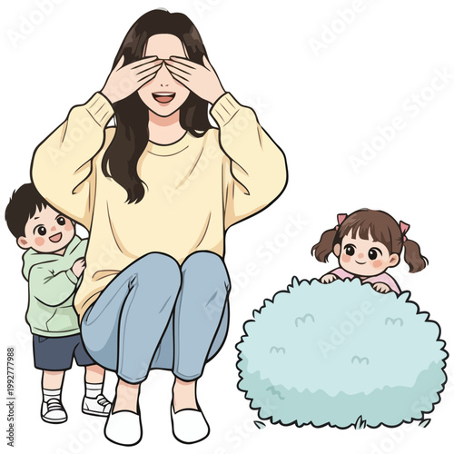 A woman covering her eyes with two children playing.