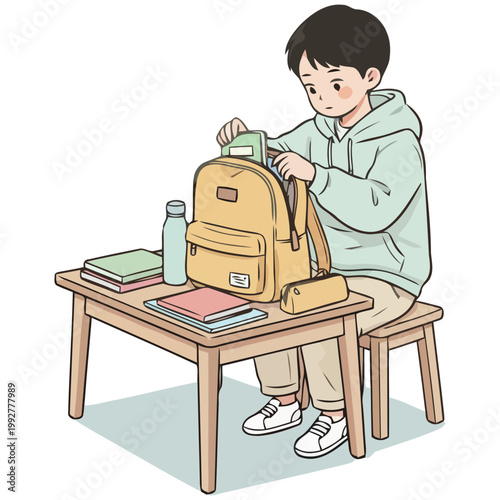 A cartoon boy packing his school bag.