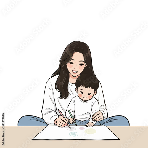 Mother and child drawing together happily.