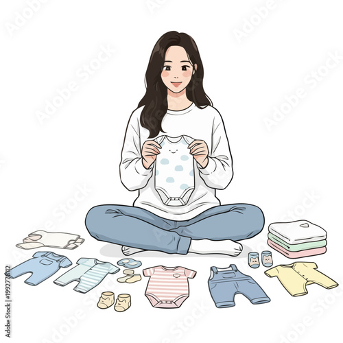 A woman sitting with baby clothes.