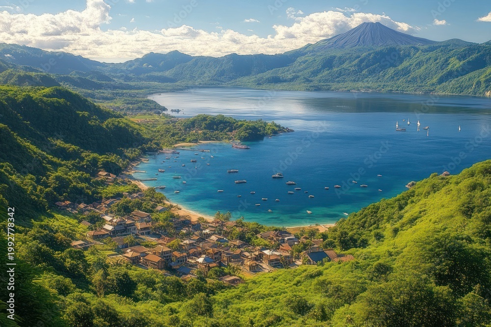 Fototapeta premium tranquil coastal village nestled in lush green hills overlooking a turquoise bay with anchored fishing boats, sailboats, sandy beach and a distant volcanic peak under a sunny sky