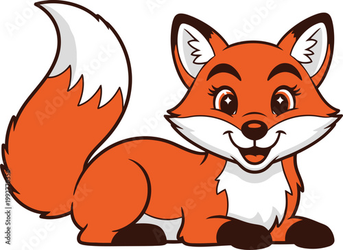 Cute cartoon fox lying down, playful foxy character, adorable orange animal, whimsical illustration, friendly woodland creature