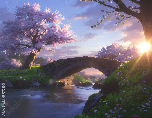 A serene summer landscape of a bridge over the river at sunset featuring lush green trees and mountain views reflected in the calm water under a glowing sky