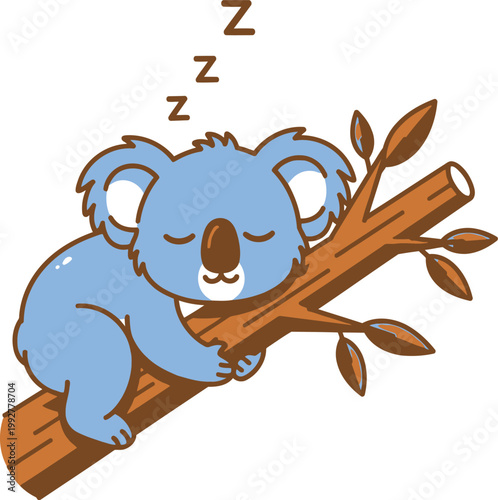 Cute sleepy koala bear napping on eucalyptus tree branch, symbol of rest, relaxation, and wildlife on transparent background