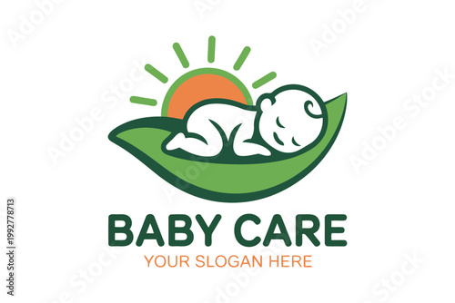 Baby care logo with sleeping infant on leaf and sun.