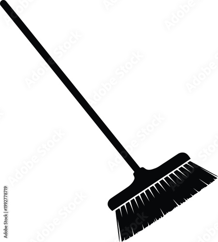 Black silhouette of a simple broom against a transparent checkered background, perfect for cleaning graphics