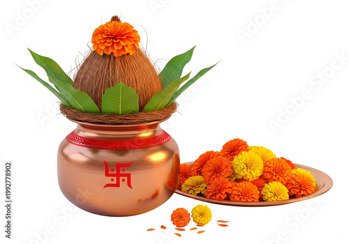 Kalash Pot with Coconut, Mango Leaves, and Marigold Flowers, Swastika Symbol - Hindu Puja Item