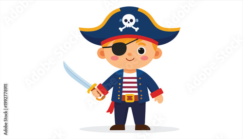 Cute Cartoon Pirate Boy with Sword and Eye Patch.