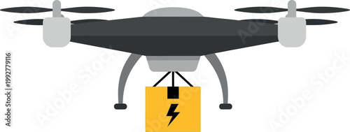 Drone Delivery Service Vector Illustration – Quadcopter Carrying Yellow Package with Lightning Bolt Icon, Modern Flat Art for Logistics, E-commerce Shipping, and Future Technology Concepts